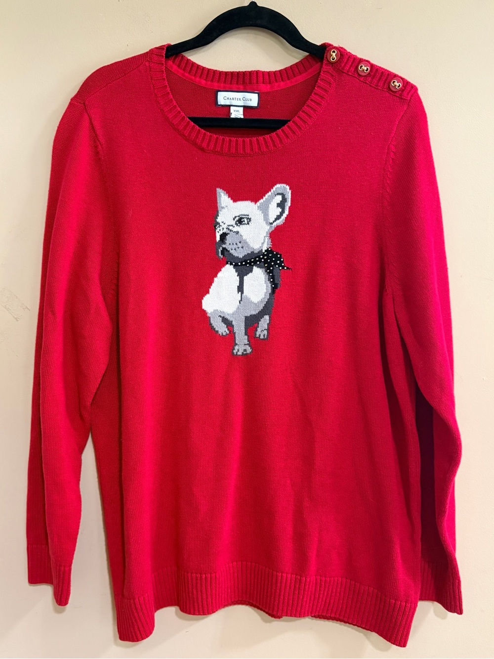 Charter Club Red Crewneck Sweater with French Bulldog Motif XXL